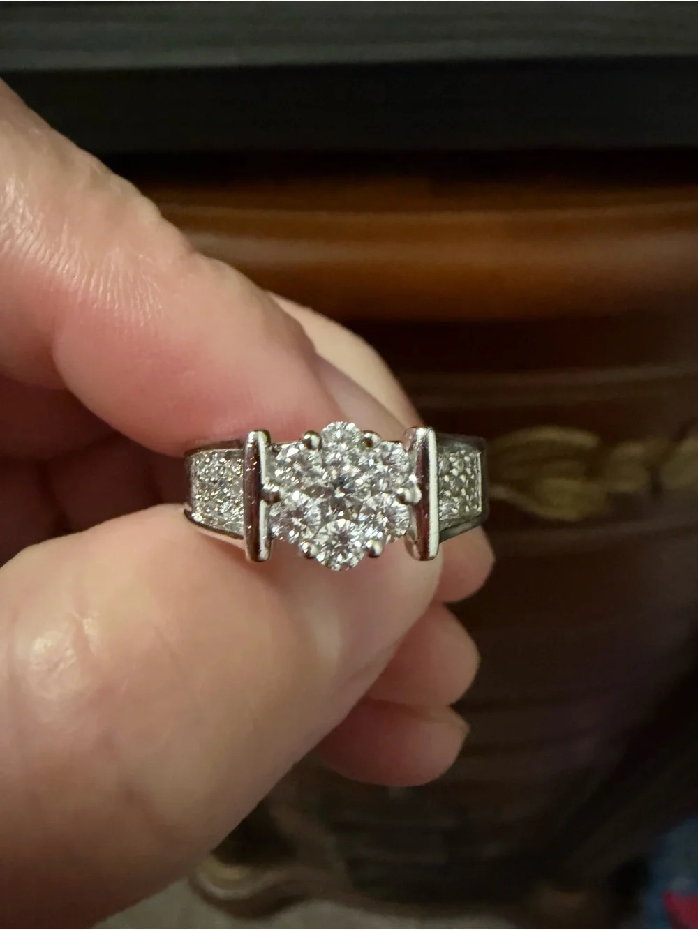 10k Genuine White Gold Cluster Genuine Diamond Ring - Size 7